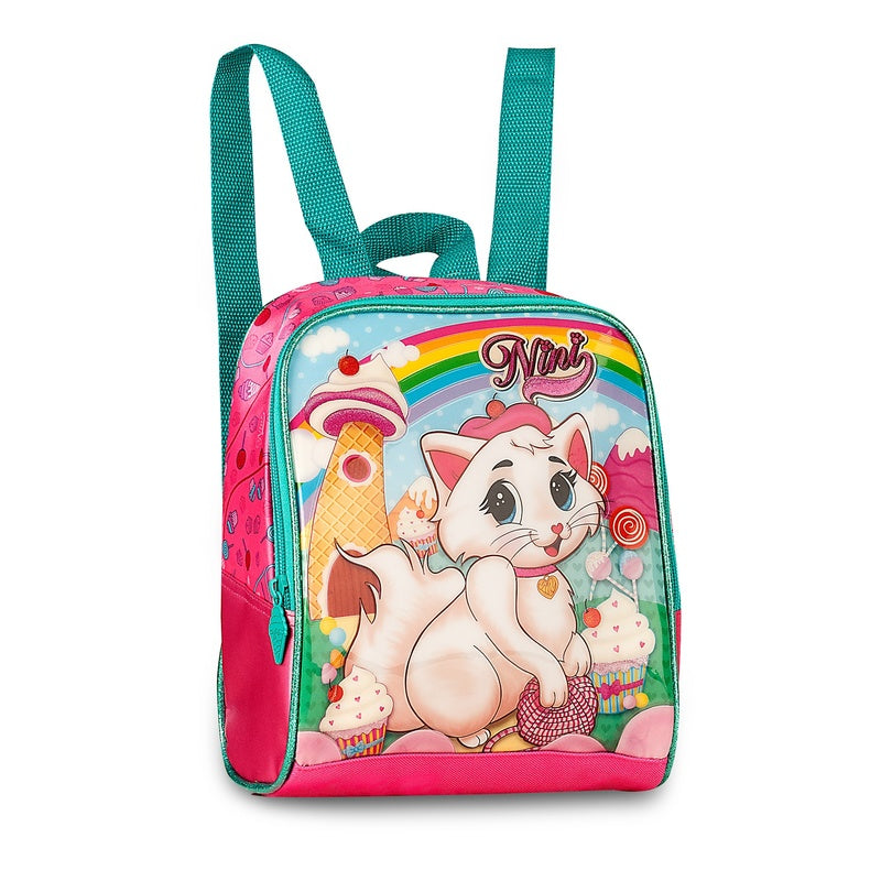 "Discover the 'Adorable Kittens' series by CLIO: School set with Cart, Thermal Lunch Box, Double Pencil Case, and Ergonomic Backpack featuring cute animated cats, made from durable nylon kids, perfect for school or travel."