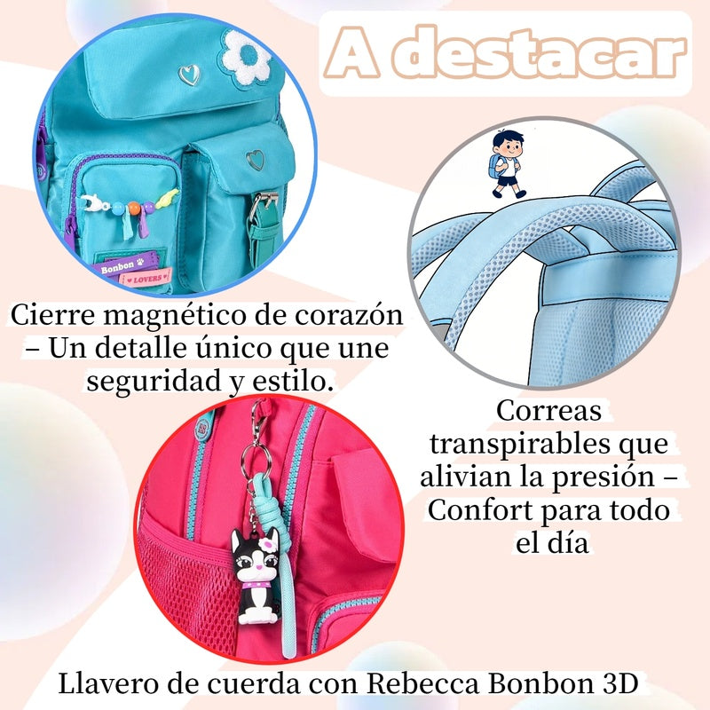 Clio x rebecca bonbon youth school backpack women 13 inches – waterproof, two main compartments with zipper three small pockets, sweet modern aesthetic style, university and travel, perfect for a gift, unisex
