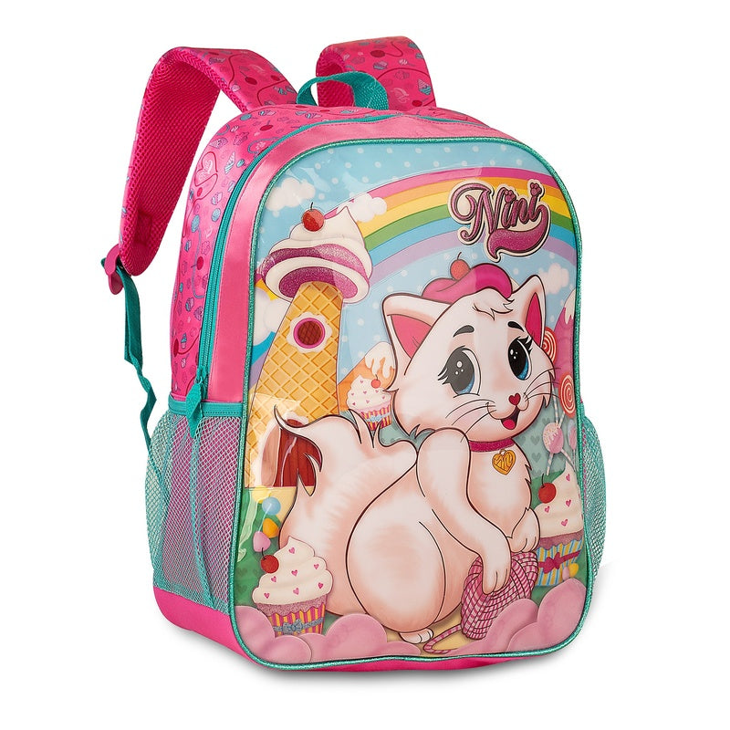 "Discover the 'Adorable Kittens' series by CLIO: School set with Cart, Thermal Lunch Box, Double Pencil Case, and Ergonomic Backpack featuring cute animated cats, made from durable nylon kids, perfect for school or travel."