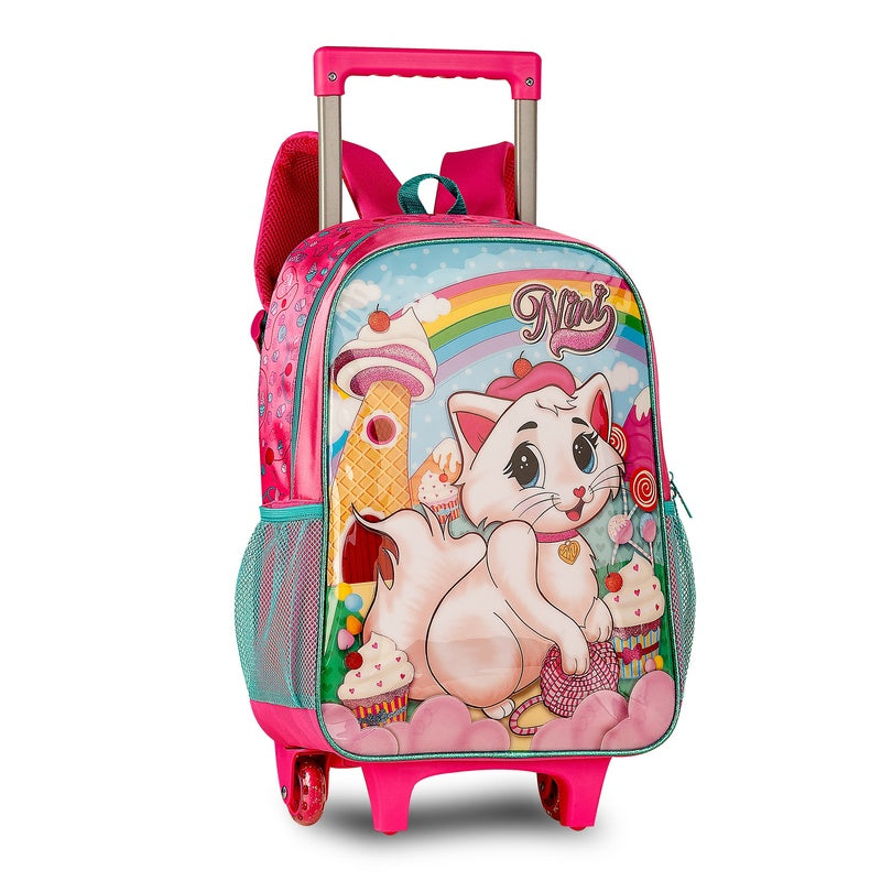 "Discover the 'Adorable Kittens' series by CLIO: School set with Cart, Thermal Lunch Box, Double Pencil Case, and Ergonomic Backpack featuring cute animated cats, made from durable nylon kids, perfect for school or travel."